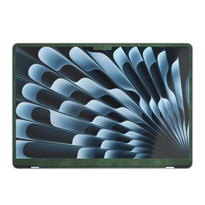 Green scrub-textured synthetic leather MacBook skin. Screen edge (B) material illustration, only included where selected coverage/model supports it. Air 15.3 M3-M5 shared material/installation reference; exact cutouts and included pieces follow selected model and coverage. Laptop not included.