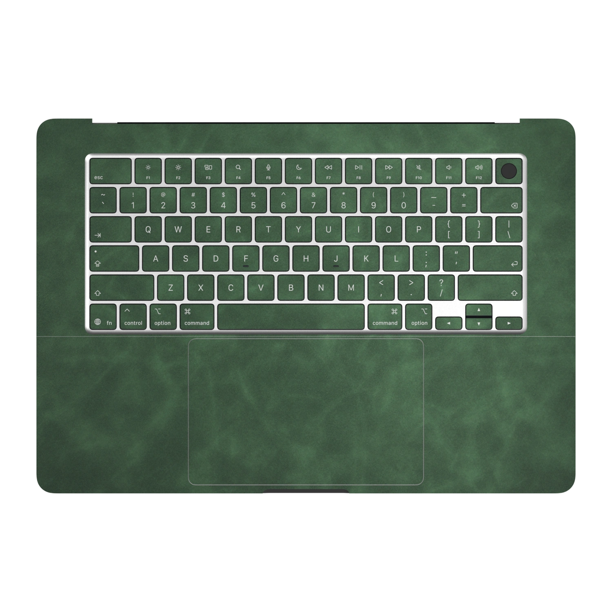 Green scrub-textured synthetic leather MacBook skin. Inside (C) and matching keycap material illustration. Air 15.3 M3-M5 shared material/installation reference; exact cutouts and included pieces follow selected model and coverage. Laptop not included.