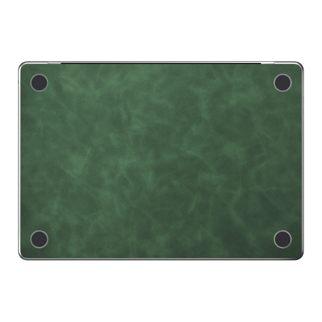 Green scrub-textured synthetic leather MacBook skin. Bottom (D) material illustration; included only with bottom coverage. Air 15.3 M3-M5 shared material/installation reference; exact cutouts and included pieces follow selected model and coverage. Laptop not included.
