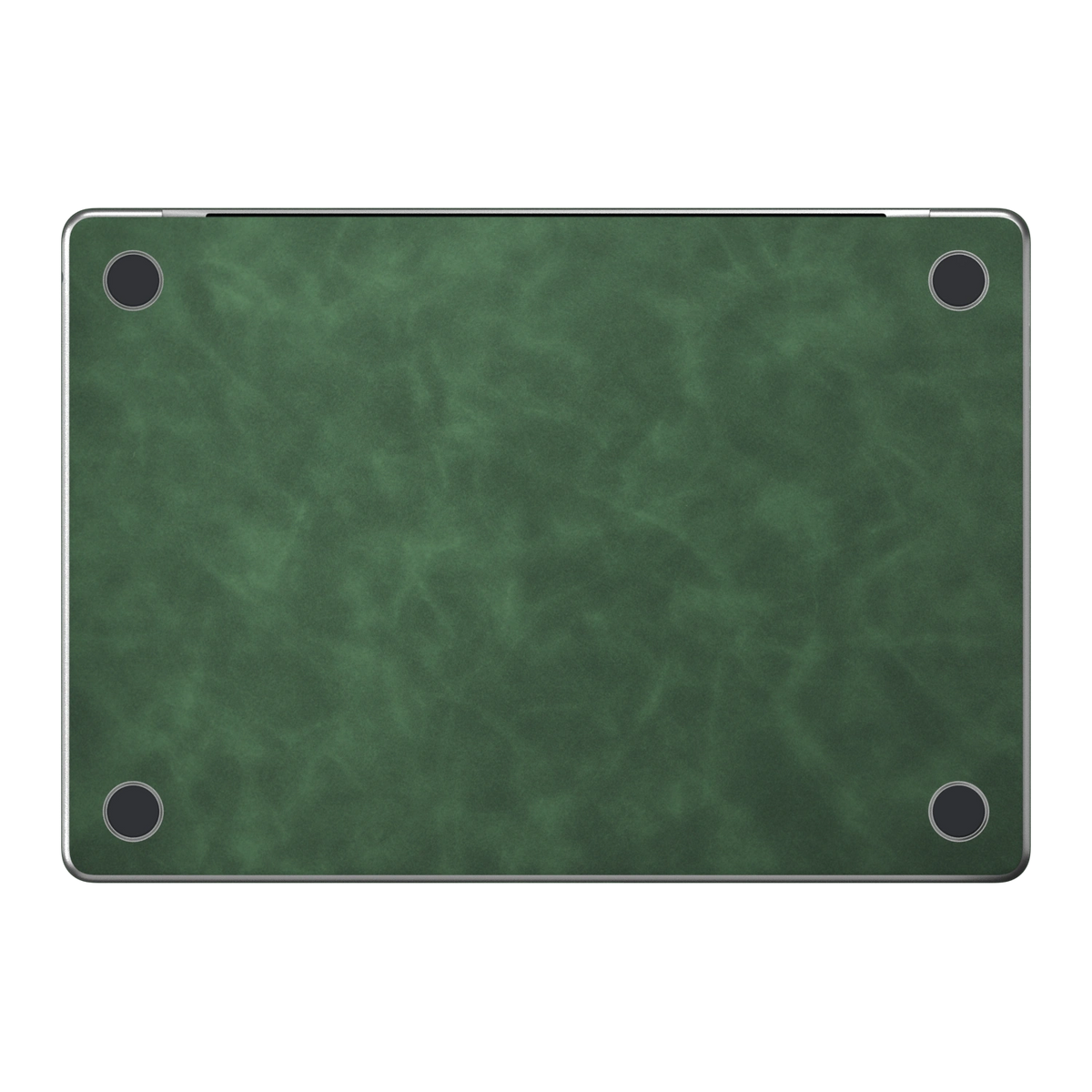 Green scrub-textured synthetic leather MacBook skin. Bottom (D) material illustration; included only with bottom coverage. Air 15.3 M3-M5 shared material/installation reference; exact cutouts and included pieces follow selected model and coverage. Laptop not included.
