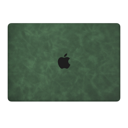 Green scrub-textured synthetic leather MacBook skin. Top Lid coverage: A only. Air 15.3 M3-M5 shared material/installation reference; exact cutouts and included pieces follow selected model and coverage. Laptop not included.