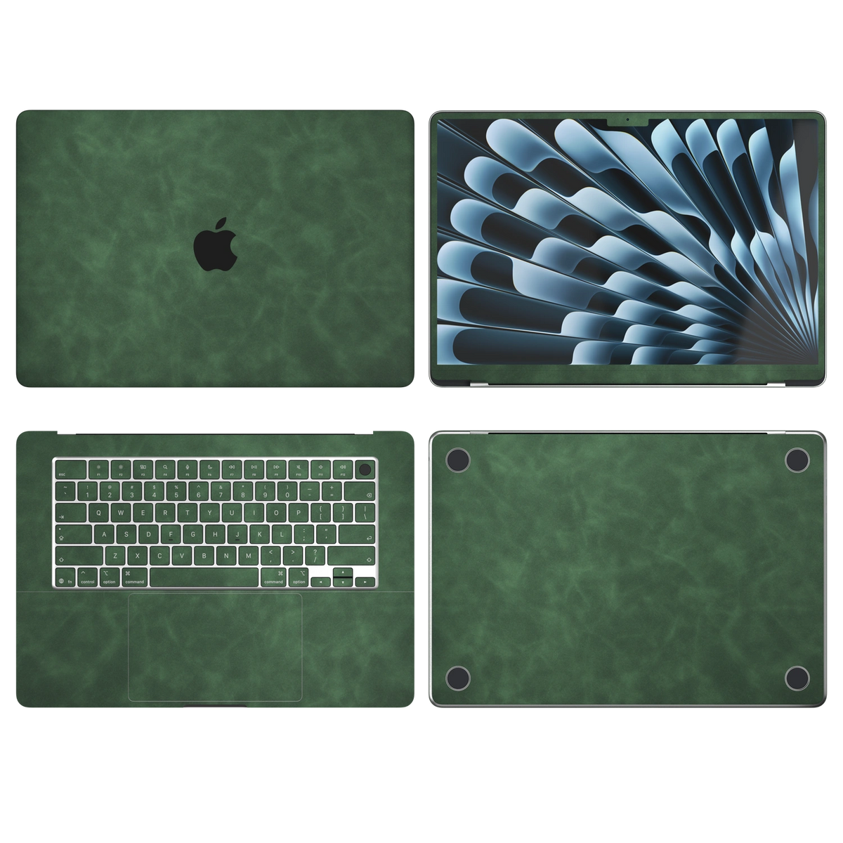 Green scrub-textured synthetic leather MacBook skin. Top Inside Bottom & Screen edge coverage: A, B, C and D with matching keycaps, where supported by selected model. Air 15.3 M3-M5 shared material/installation reference; exact cutouts and included pieces follow selected model and coverage. Laptop not included.