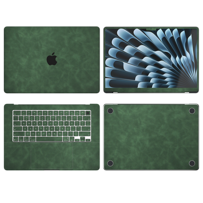 Green scrub-textured synthetic leather MacBook skin. Top Inside Bottom & Screen edge coverage: A, B, C and D with matching keycaps, where supported by selected model. Air 15.3 M3-M5 shared material/installation reference; exact cutouts and included pieces follow selected model and coverage. Laptop not included.