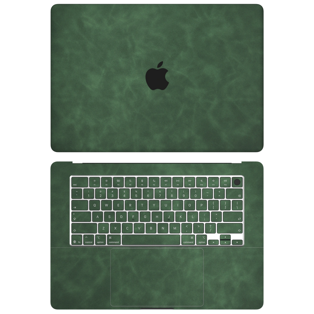 Green scrub-textured synthetic leather MacBook skin. Top+Inside coverage: A and C with matching keycaps; no bottom or screen-edge pieces. Air 15.3 M3-M5 shared material/installation reference; exact cutouts and included pieces follow selected model and coverage. Laptop not included.