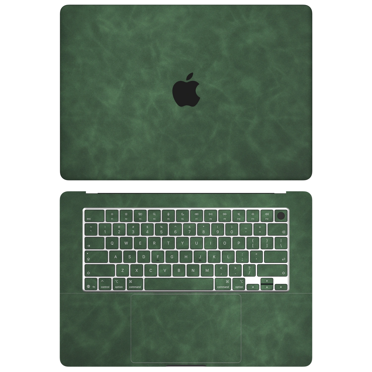 Green scrub-textured synthetic leather MacBook skin. Top+Inside coverage: A and C with matching keycaps; no bottom or screen-edge pieces. Air 15.3 M3-M5 shared material/installation reference; exact cutouts and included pieces follow selected model and coverage. Laptop not included.