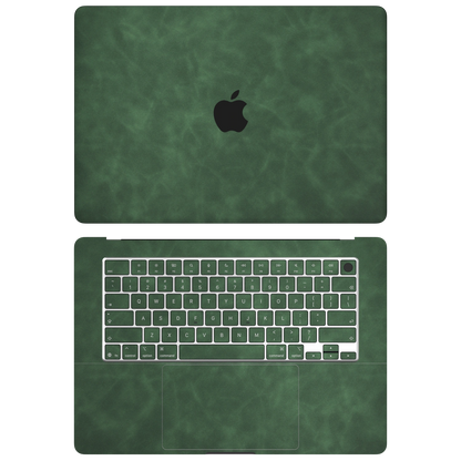 Green scrub-textured synthetic leather MacBook skin. Top+Inside coverage: A and C with matching keycaps; no bottom or screen-edge pieces. Air 15.3 M3-M5 shared material/installation reference; exact cutouts and included pieces follow selected model and coverage. Laptop not included.