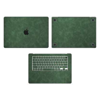 Green scrub-textured synthetic leather MacBook skin. Top Inside & Bottom Wraps coverage: A, C and D with matching keycaps; no screen edge. Air 15.3 M3-M5 shared material/installation reference; exact cutouts and included pieces follow selected model and coverage. Laptop not included.