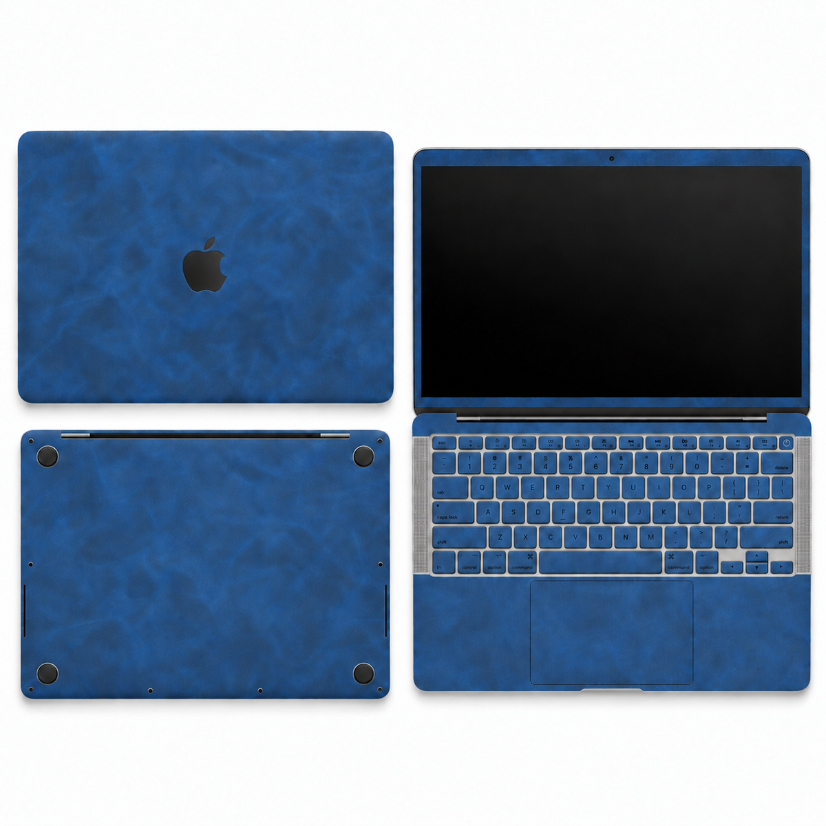 Dark Gray Blue scrub-textured synthetic leather MacBook skin coverage illustration: top lid, screen edge, inside and bottom, with matching keycap stickers.