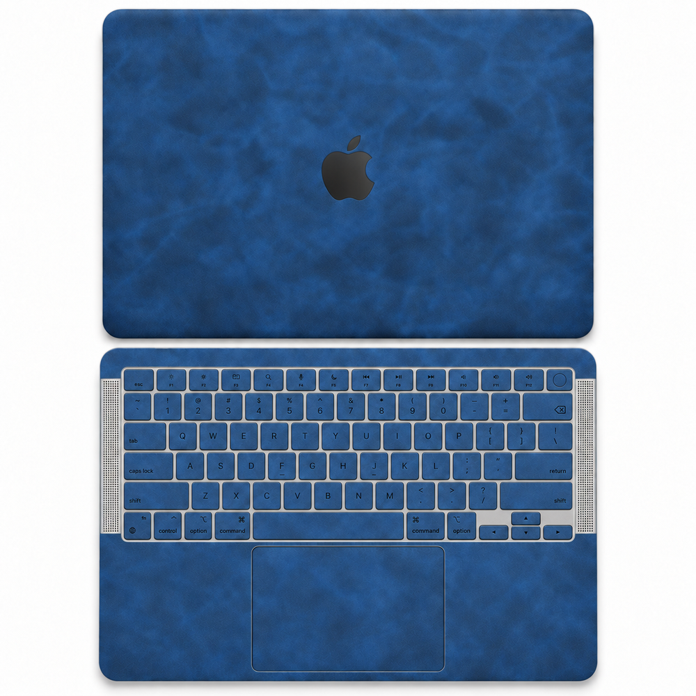 Dark Gray Blue scrub-textured synthetic leather MacBook skin coverage illustration: top lid and inside, with matching keycap stickers.