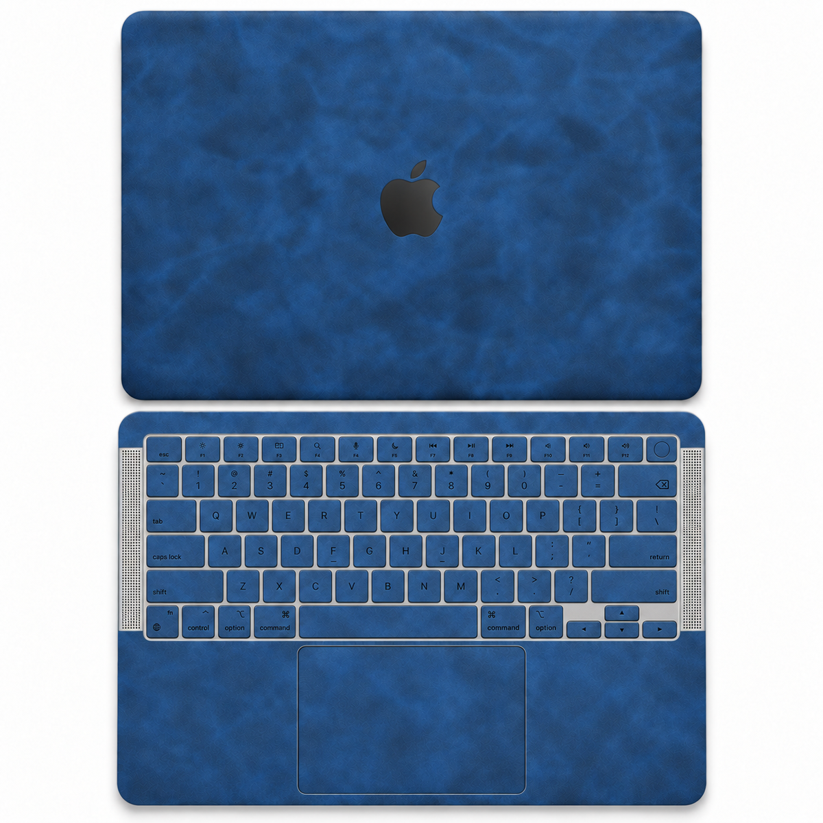 Dark Gray Blue scrub-textured synthetic leather MacBook skin coverage illustration: top lid and inside, with matching keycap stickers.