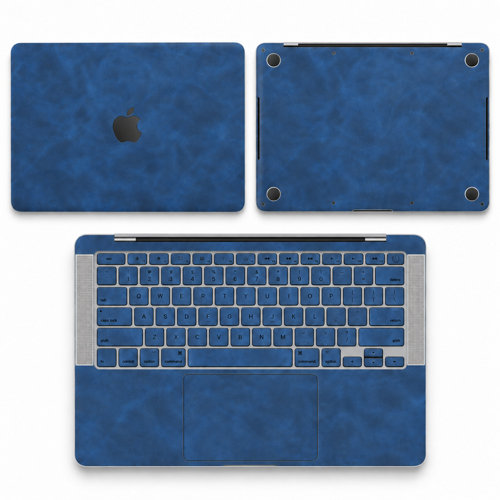 Dark Gray Blue scrub-textured synthetic leather MacBook skin coverage illustration: top lid, inside and bottom, with matching keycap stickers.
