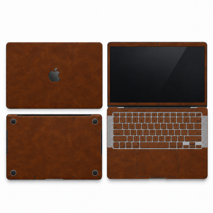 Coffee Brown scrub-textured synthetic leather MacBook skin coverage illustration: top lid, screen edge, inside and bottom, with matching keycap stickers.