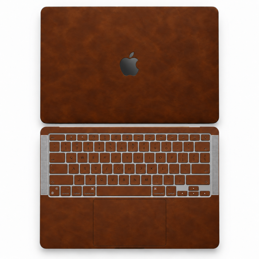 Coffee Brown scrub-textured synthetic leather MacBook skin coverage illustration: top lid and inside, with matching keycap stickers.