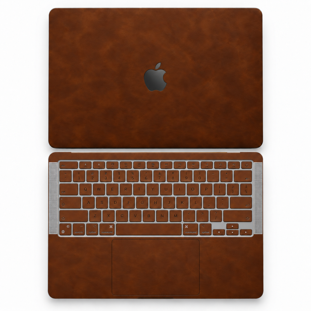 Coffee Brown scrub-textured synthetic leather MacBook skin coverage illustration: top lid and inside, with matching keycap stickers.