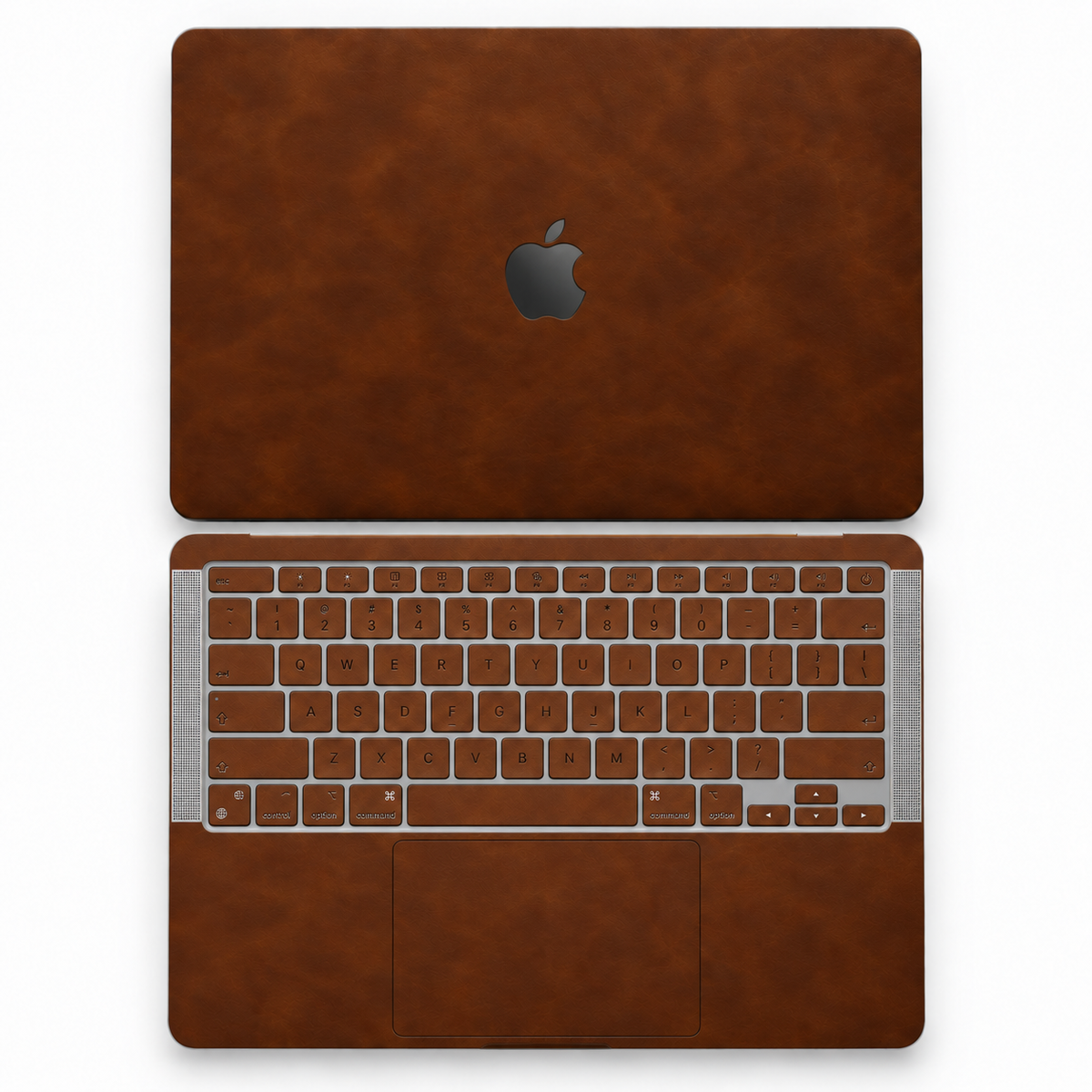 Coffee Brown scrub-textured synthetic leather MacBook skin coverage illustration: top lid and inside, with matching keycap stickers.