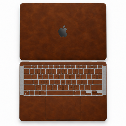 Coffee Brown scrub-textured synthetic leather MacBook skin coverage illustration: top lid and inside, with matching keycap stickers.