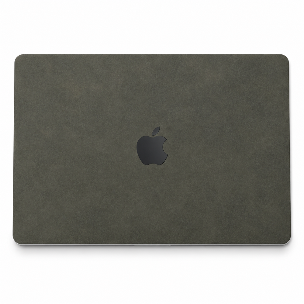 Dark Gray scrub-textured synthetic leather MacBook top lid coverage illustration; cut layout varies by model.