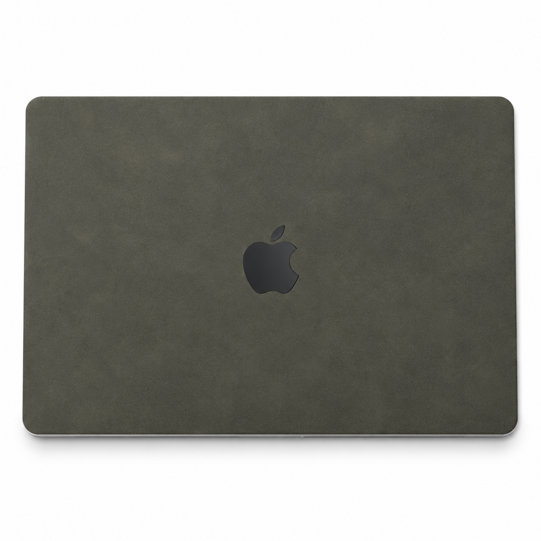 Dark Gray scrub-textured synthetic leather MacBook top lid coverage illustration; cut layout varies by model.