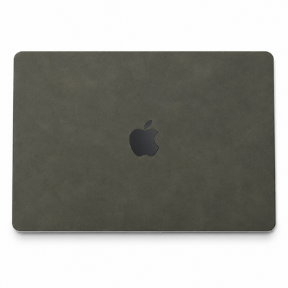Dark Gray scrub-textured synthetic leather MacBook top lid coverage illustration; cut layout varies by model.