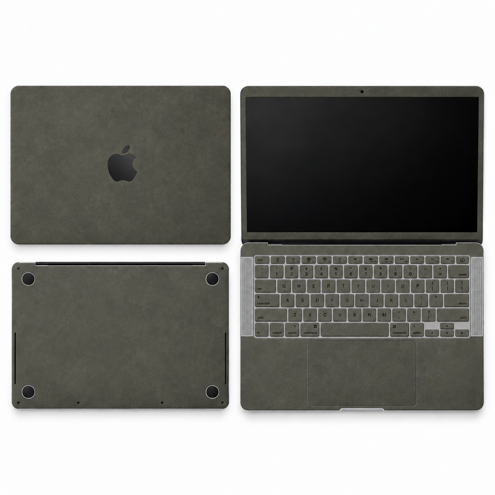 Dark Gray scrub-textured synthetic leather MacBook skin coverage illustration: top lid, screen edge, inside and bottom, with matching keycap stickers.