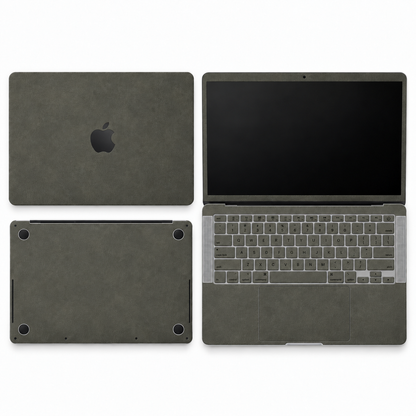 Dark Gray scrub-textured synthetic leather MacBook skin coverage illustration: top lid, screen edge, inside and bottom, with matching keycap stickers.