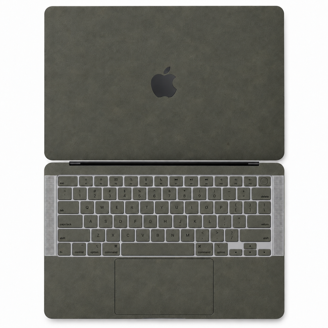 Dark Gray scrub-textured synthetic leather MacBook skin coverage illustration: top lid and inside, with matching keycap stickers.