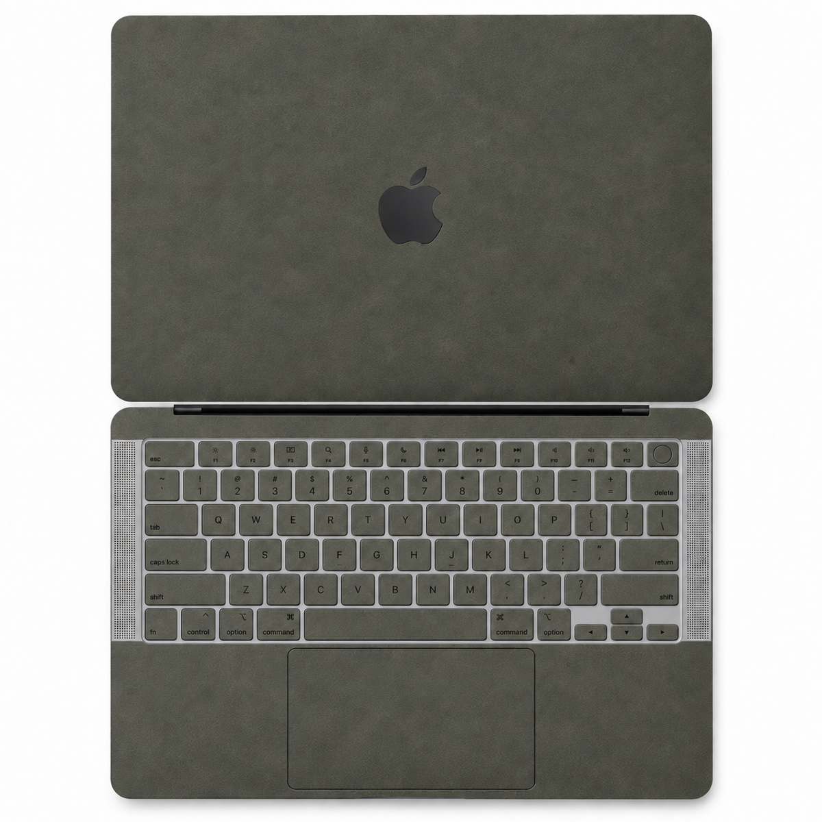 Dark Gray scrub-textured synthetic leather MacBook skin coverage illustration: top lid and inside, with matching keycap stickers.