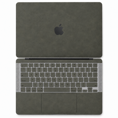 Dark Gray scrub-textured synthetic leather MacBook skin coverage illustration: top lid and inside, with matching keycap stickers.