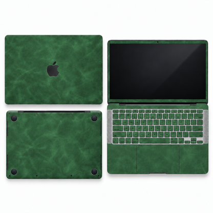 Green scrub-textured synthetic leather MacBook skin coverage illustration: top lid, screen edge, inside and bottom, with matching keycap stickers.