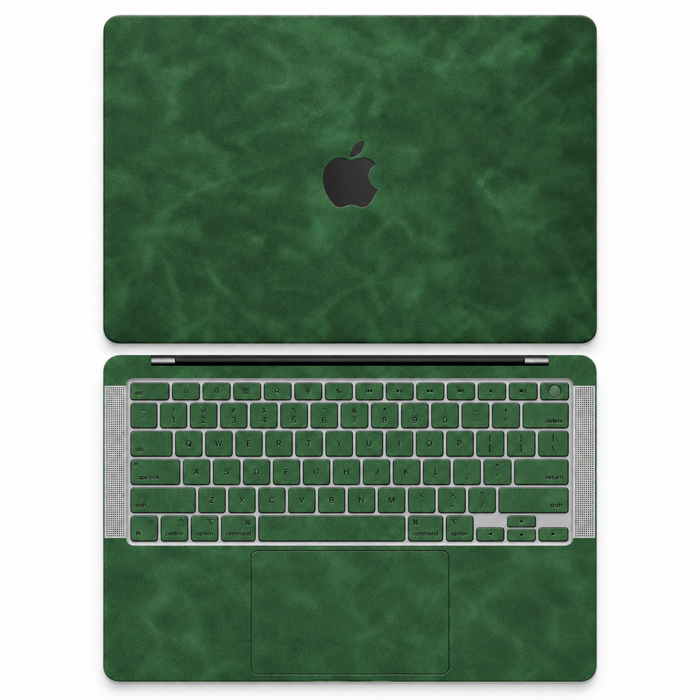 Green scrub-textured synthetic leather MacBook skin coverage illustration: top lid and inside, with matching keycap stickers.