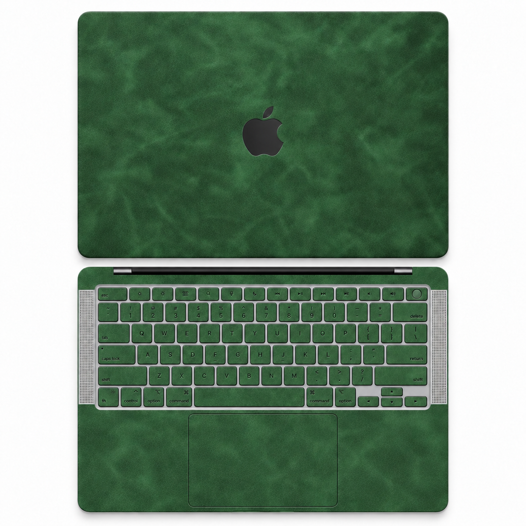 Green scrub-textured synthetic leather MacBook skin coverage illustration: top lid and inside, with matching keycap stickers.