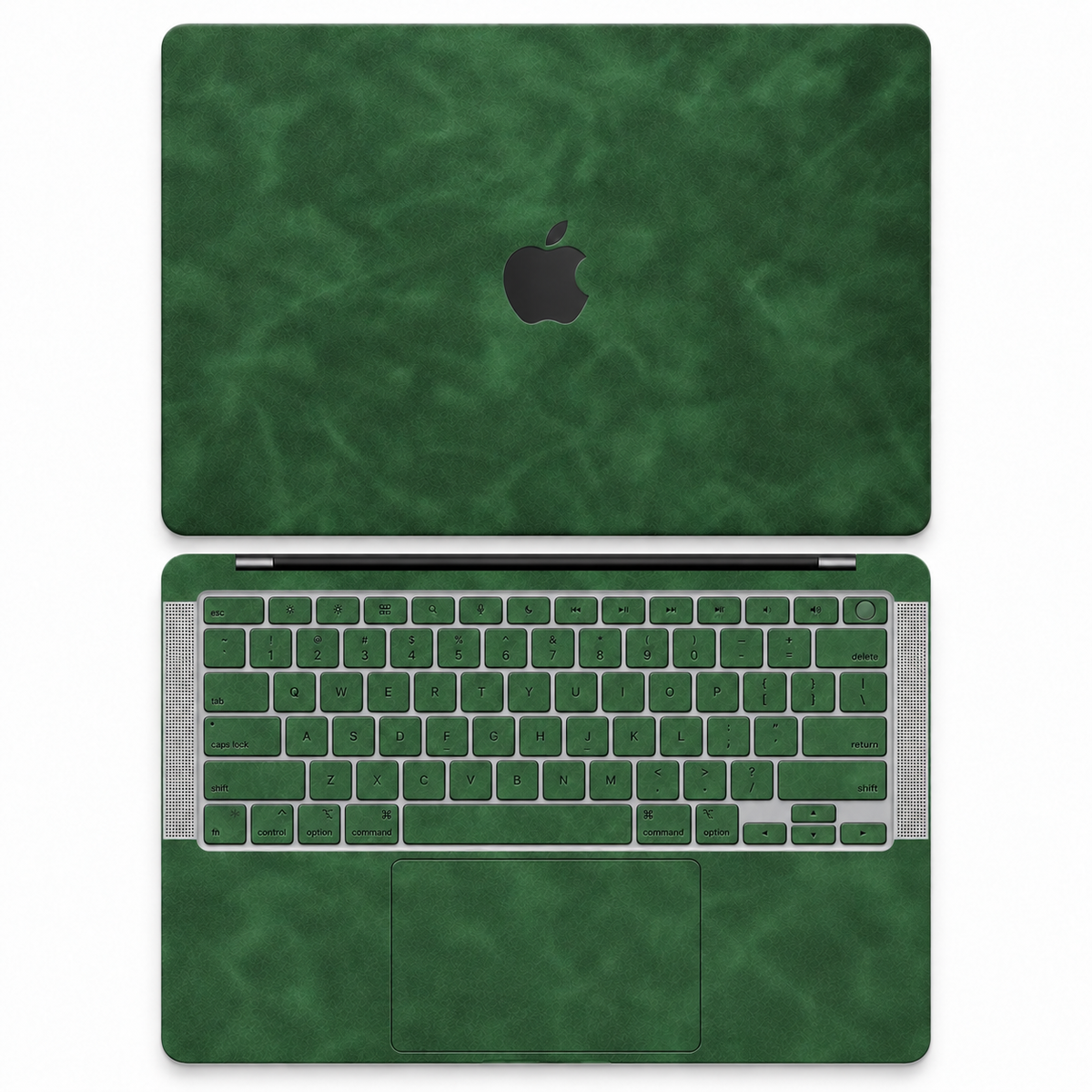 Green scrub-textured synthetic leather MacBook skin coverage illustration: top lid and inside, with matching keycap stickers.