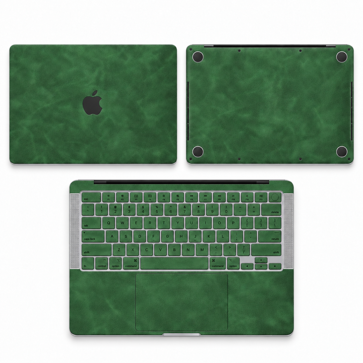 Green scrub-textured synthetic leather MacBook skin coverage illustration: top lid, inside and bottom, with matching keycap stickers.