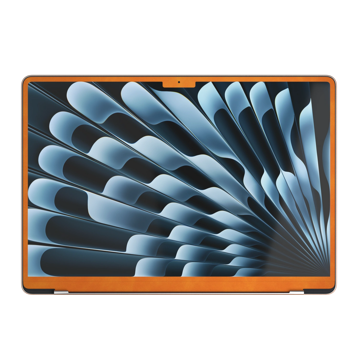Orange scrub-textured synthetic leather MacBook skin. Screen edge (B) material reference; included only where the selected model and coverage support it. Air 15.3 M3-M5 shared material/installation illustration; actual cutouts and included pieces follow the selected model and coverage. Laptop not included.