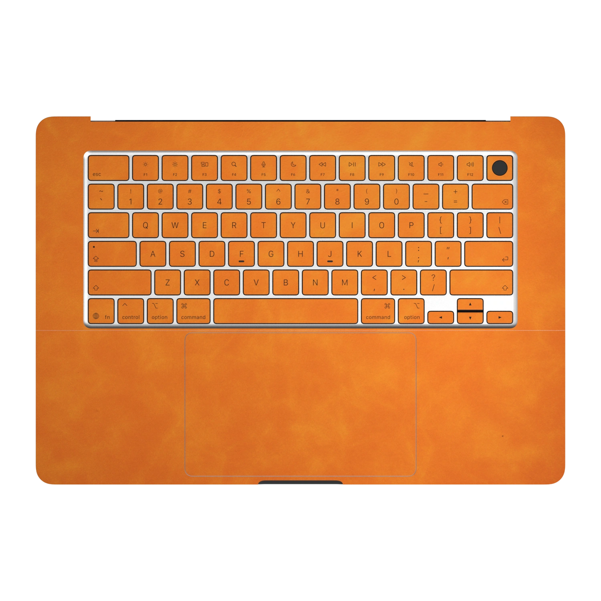 Orange scrub-textured synthetic leather MacBook skin. Inside (C), keyboard deck and matching keycap material illustration. Air 15.3 M3-M5 shared material/installation illustration; actual cutouts and included pieces follow the selected model and coverage. Laptop not included.