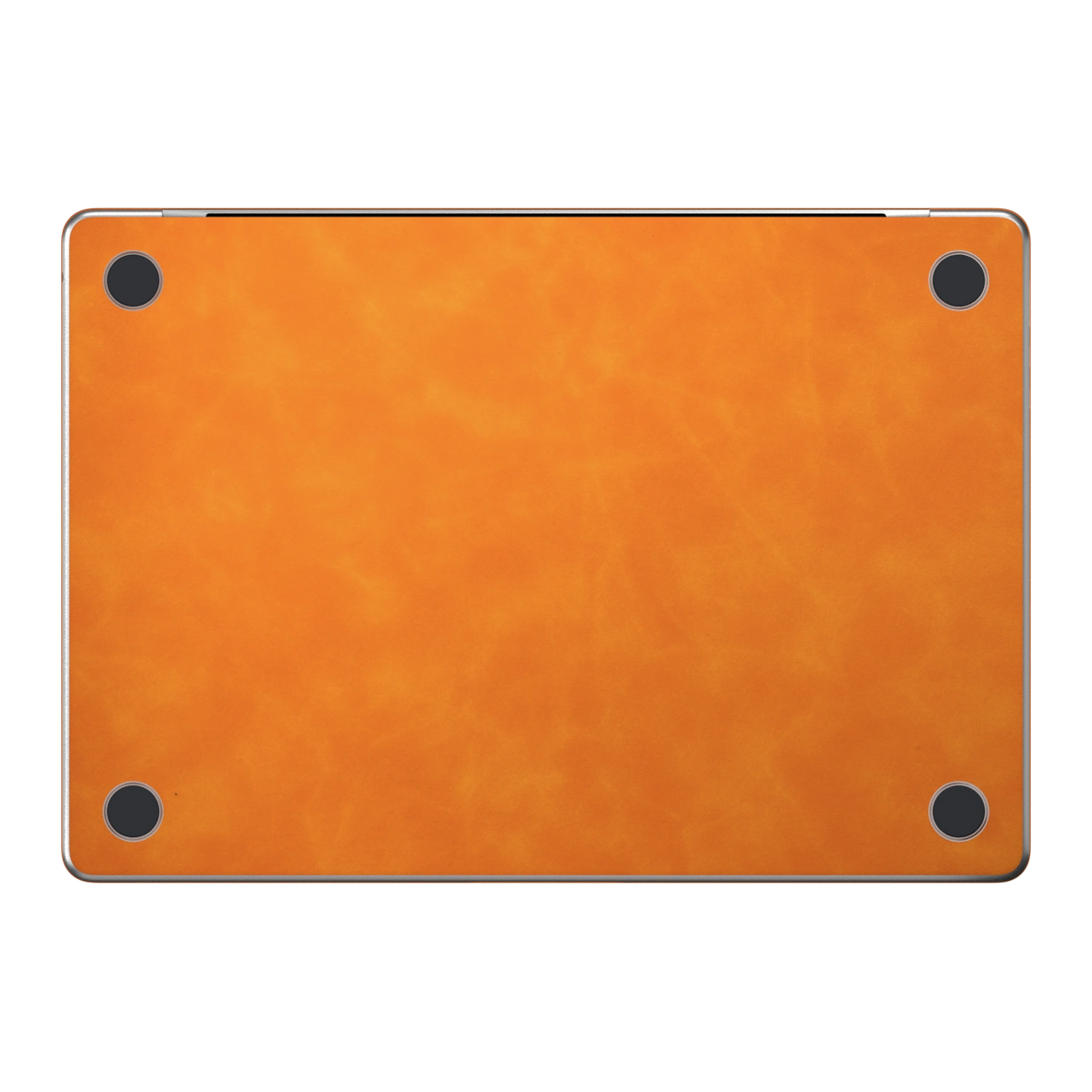 Orange scrub-textured synthetic leather MacBook skin. Bottom (D) material illustration; included only with bottom coverage. Air 15.3 M3-M5 shared material/installation illustration; actual cutouts and included pieces follow the selected model and coverage. Laptop not included.