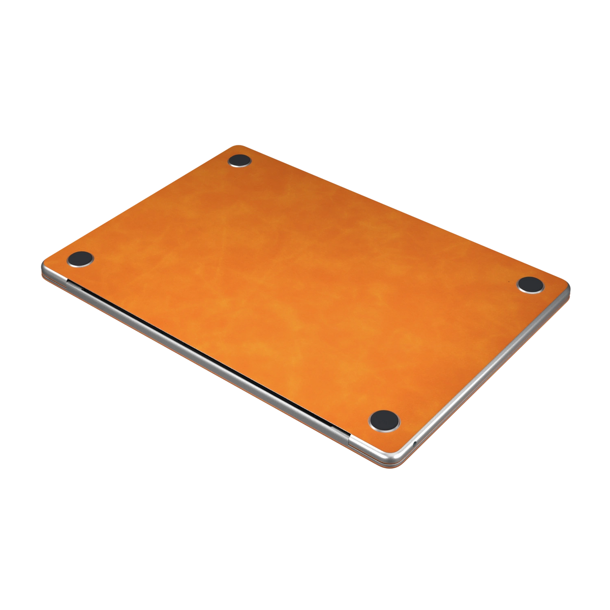 Orange scrub-textured synthetic leather MacBook skin. Bottom material and installation detail. Air 15.3 M3-M5 shared material/installation illustration; actual cutouts and included pieces follow the selected model and coverage. Laptop not included.