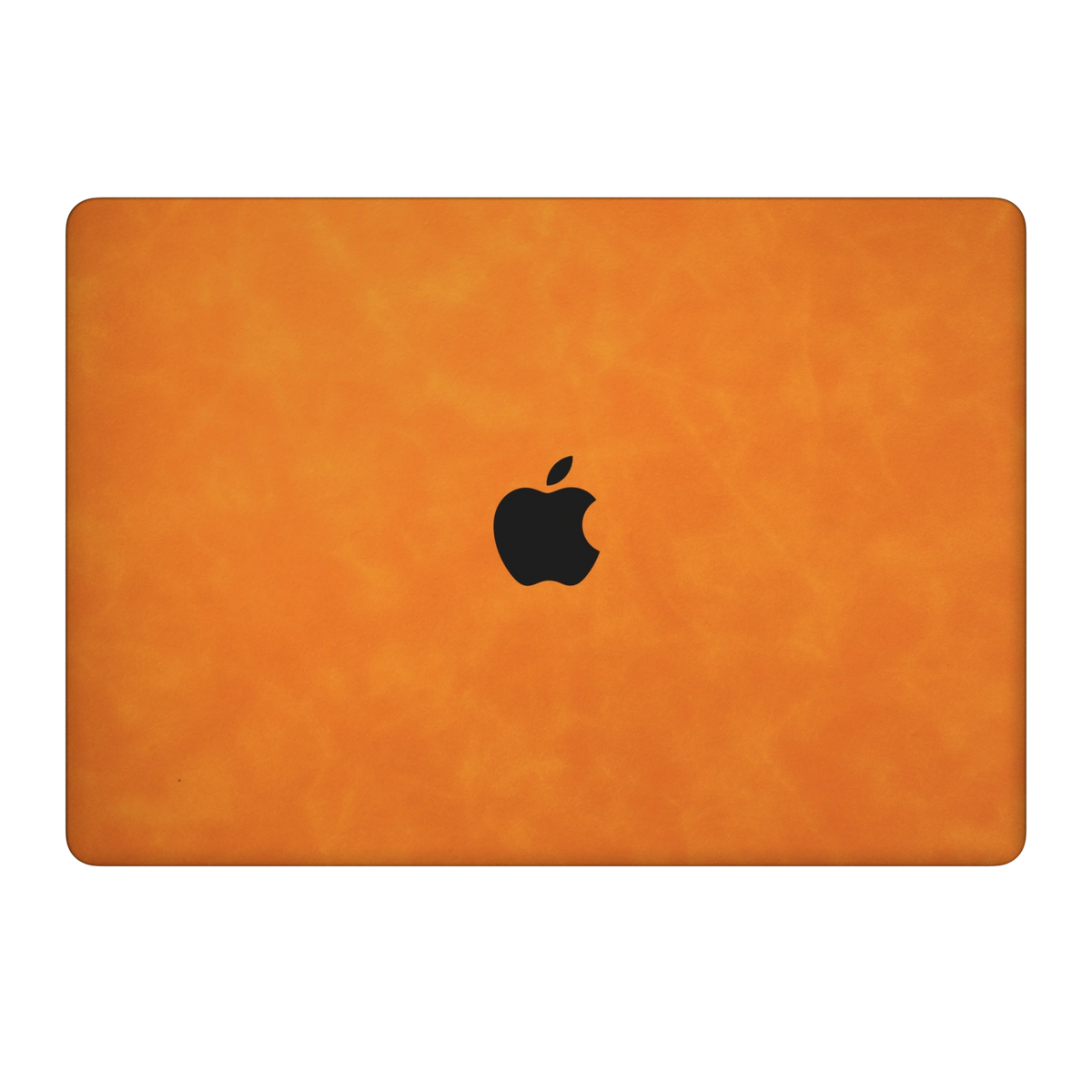 Orange scrub-textured synthetic leather MacBook skin. Top Lid coverage: A only. Air 15.3 M3-M5 shared material/installation illustration; actual cutouts and included pieces follow the selected model and coverage. Laptop not included.