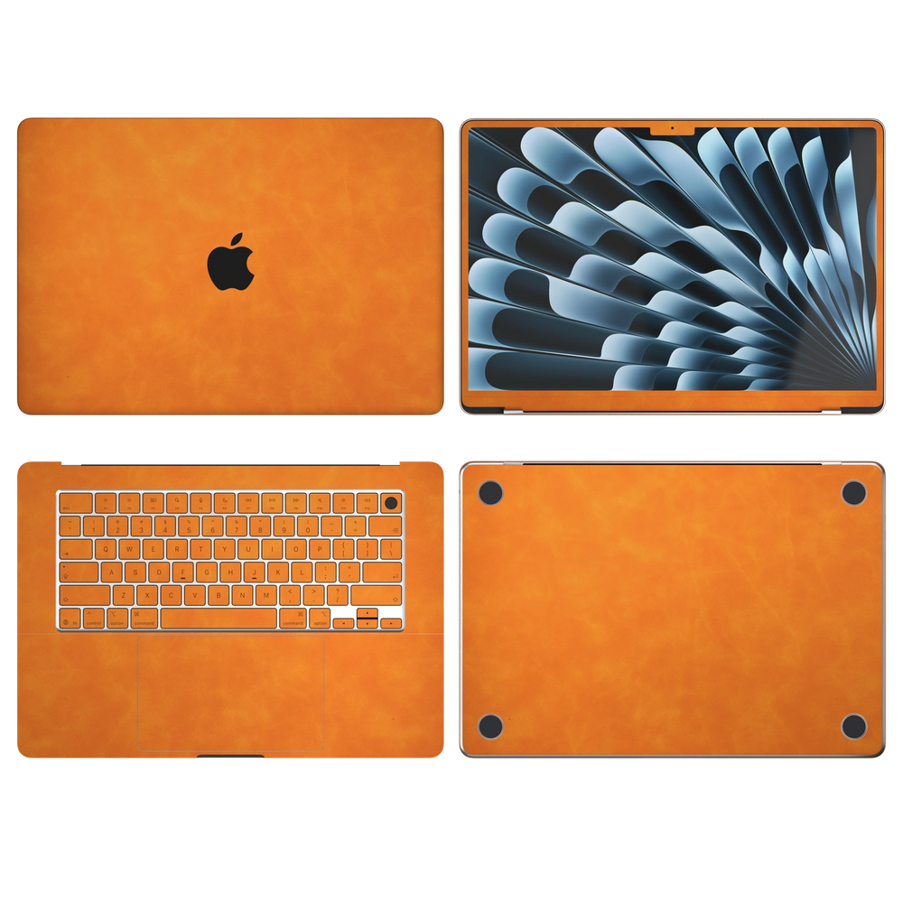 Orange scrub-textured synthetic leather MacBook skin. Top Inside Bottom & Screen edge coverage: A, B, C and D, where supported and available for the selected model. Air 15.3 M3-M5 shared material/installation illustration; actual cutouts and included pieces follow the selected model and coverage. Laptop not included.