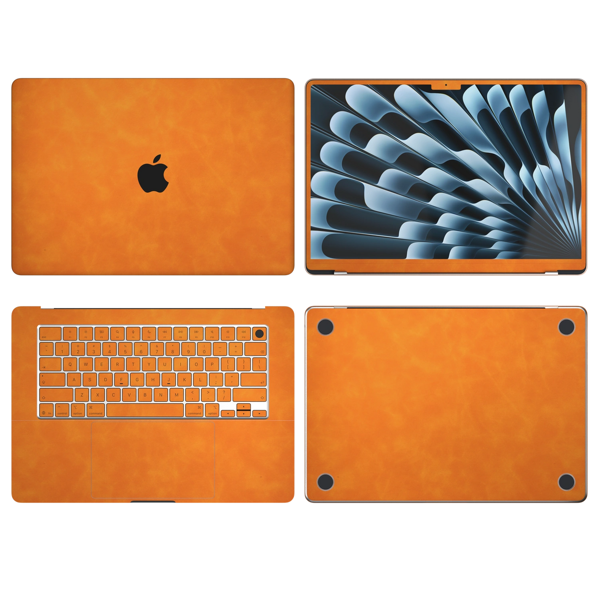 Orange scrub-textured synthetic leather MacBook skin. Top Inside Bottom & Screen edge coverage: A, B, C and D, where supported and available for the selected model. Air 15.3 M3-M5 shared material/installation illustration; actual cutouts and included pieces follow the selected model and coverage. Laptop not included.