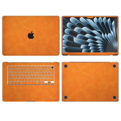 Orange scrub-textured synthetic leather MacBook skin. Top Inside Bottom & Screen edge coverage: A, B, C and D, where supported and available for the selected model. Air 15.3 M3-M5 shared material/installation illustration; actual cutouts and included pieces follow the selected model and coverage. Laptop not included.