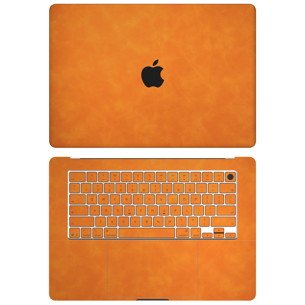 Orange scrub-textured synthetic leather MacBook skin. Top+Inside coverage: A and C with keycap stickers; no D bottom or B screen edge. Air 15.3 M3-M5 shared material/installation illustration; actual cutouts and included pieces follow the selected model and coverage. Laptop not included.