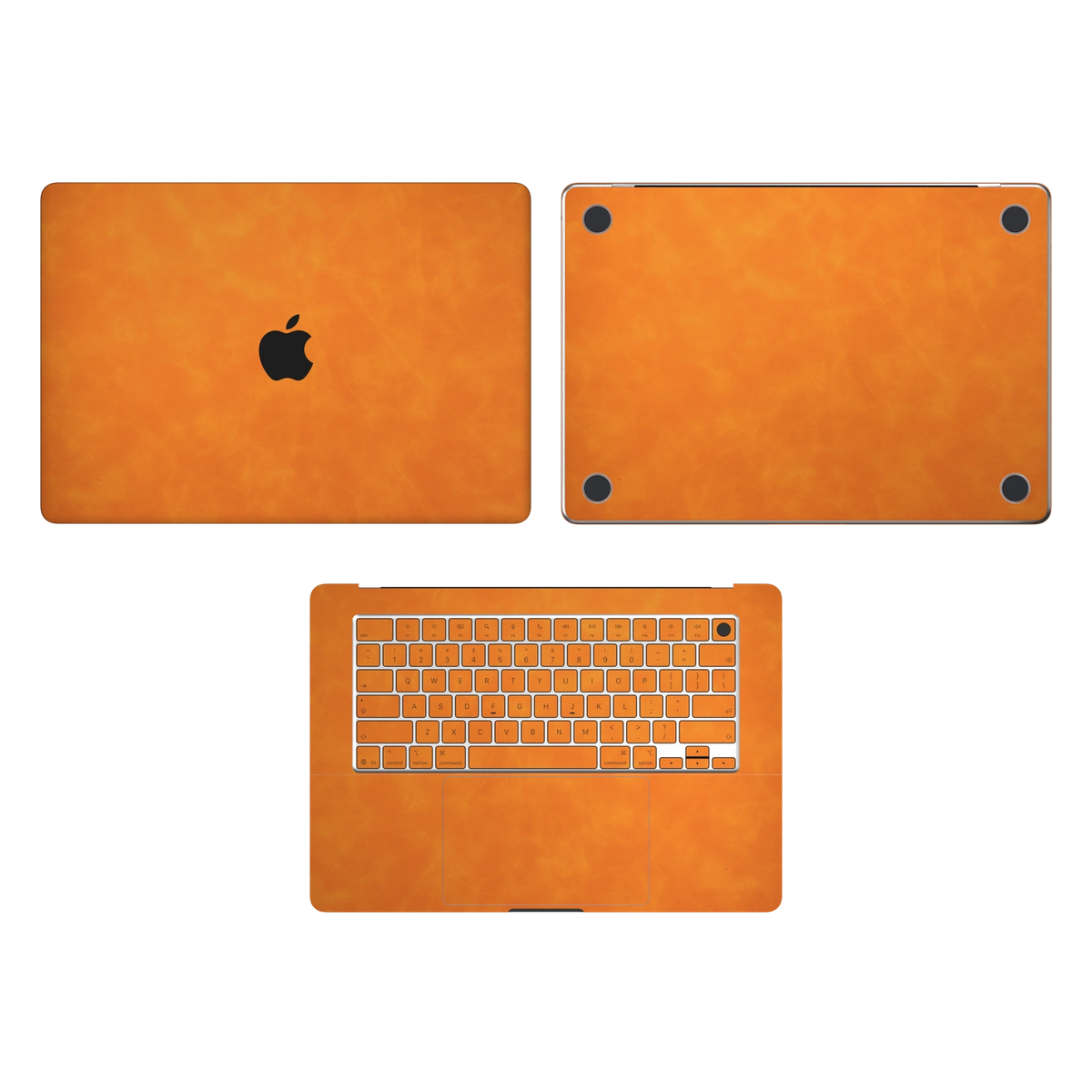 Orange scrub-textured synthetic leather MacBook skin. Top Inside & Bottom Wraps coverage: A, C and D; no B screen edge. Air 15.3 M3-M5 shared material/installation illustration; actual cutouts and included pieces follow the selected model and coverage. Laptop not included.