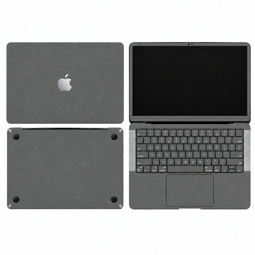 Dark Gray synthetic leather MacBook skin illustration: lid, inside with keycaps, bottom and screen edge.