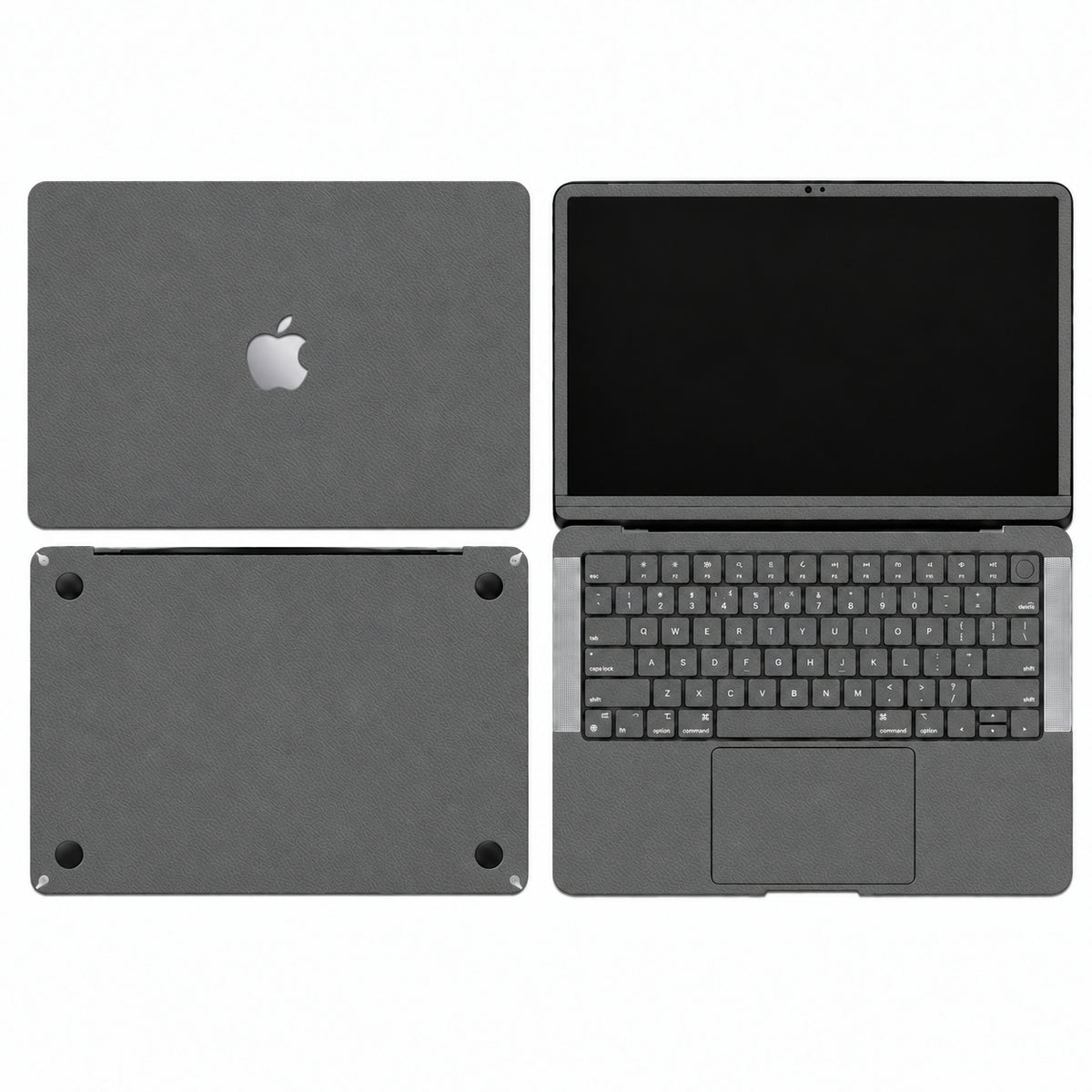 Dark Gray synthetic leather MacBook skin illustration: lid, inside with keycaps, bottom and screen edge.