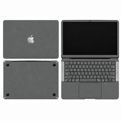 Dark Gray synthetic leather MacBook skin illustration: lid, inside with keycaps, bottom and screen edge.