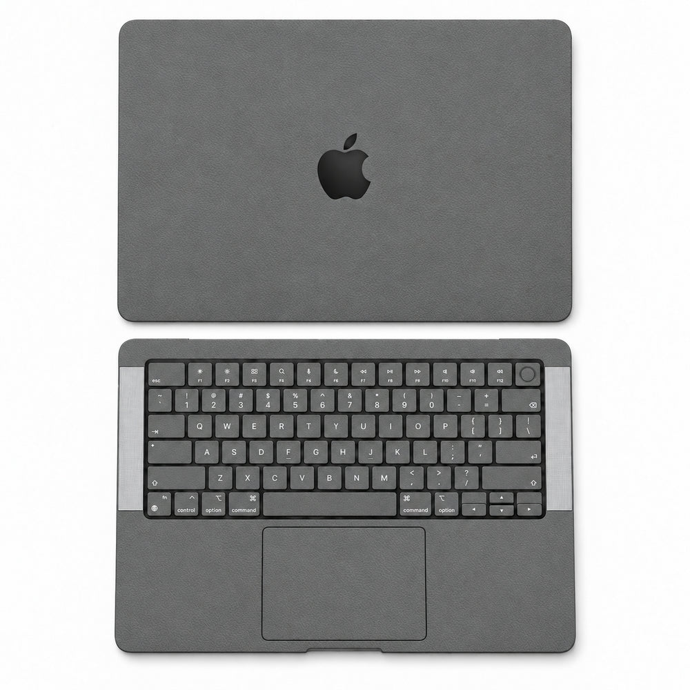 Dark Gray synthetic leather MacBook skin illustration: lid and inside with keycaps.