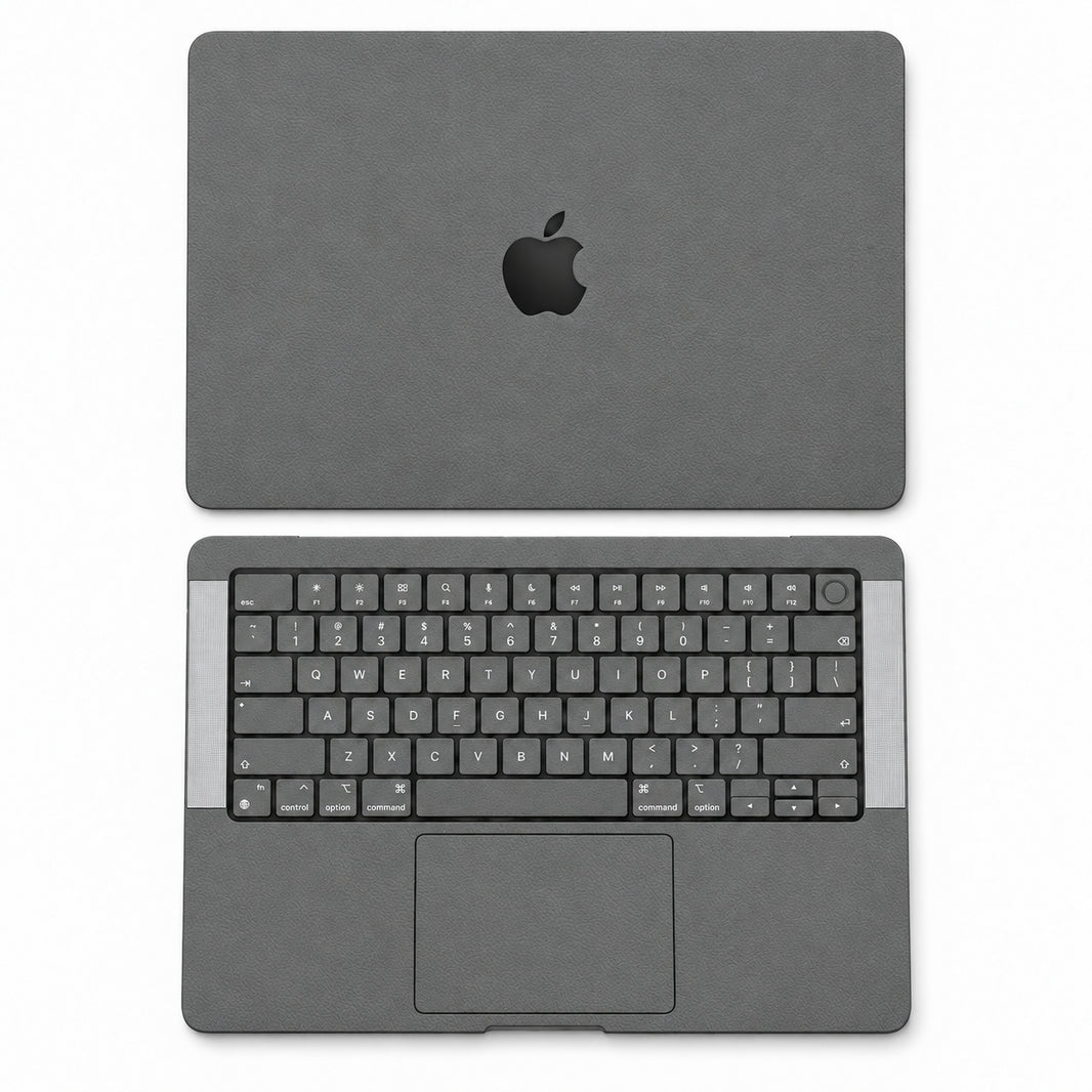 Dark Gray synthetic leather MacBook skin illustration: lid and inside with keycaps.