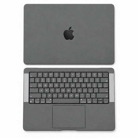Dark Gray synthetic leather MacBook skin illustration: lid and inside with keycaps.