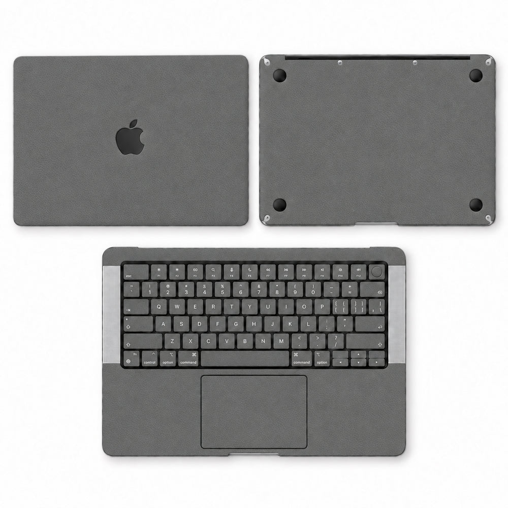 Dark Gray synthetic leather MacBook skin illustration: lid, inside with keycaps and bottom.